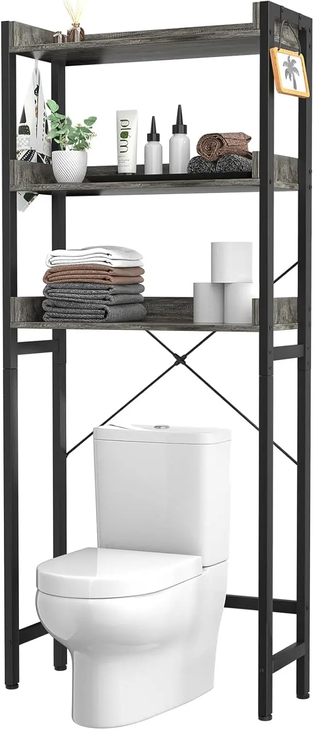 

NEW Over-The-Toilet Storage Rack, 3-Tier Bathroom Organizer Shelf Over Toilet, Freestanding Space Saver Toilet Stands 4 Hooks