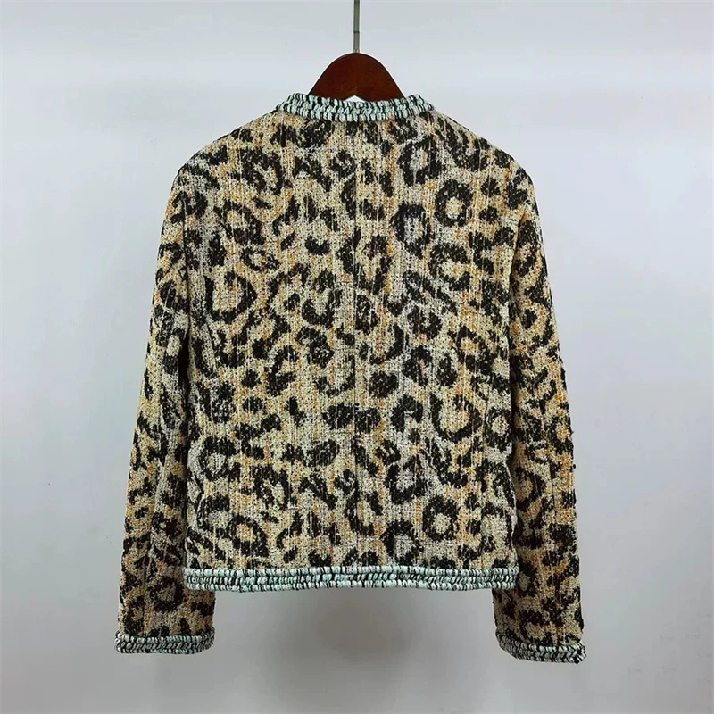 Autumn Winter New round Neck Heavyweight Leopard Print Knitted Jacket High Quality Fashionable Tweed Short Top
