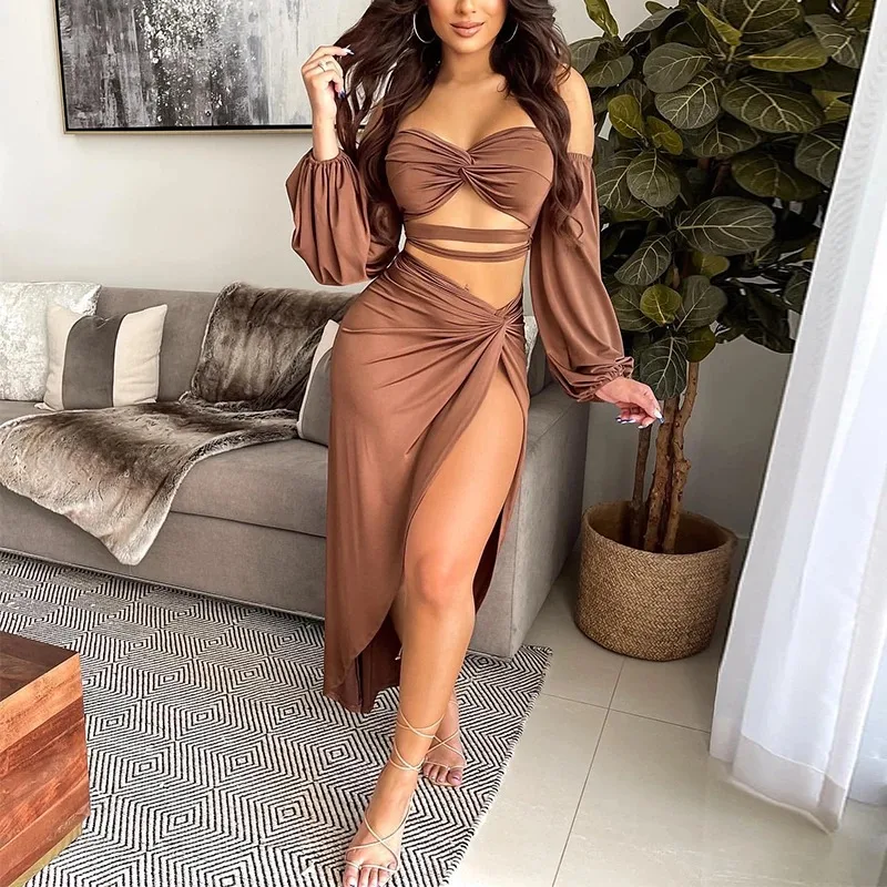 Long Sleeve Off Shoulder Slit Party Club Dress  Two Piece Set Long Sleeve Hollow Out Lace Crop Top Twist Side Split Skirts