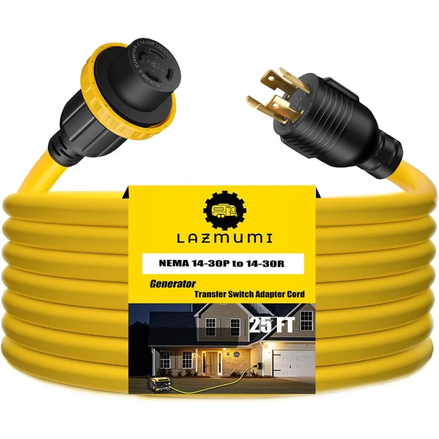 30 Amp Generator Extension Cord with 4 Prong Connector for 125 250V Applications Up to 7500W Power Transfer NEMA L1430P to L143