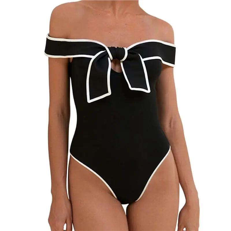 

【ELECTRONIC-ACCESSORIES】Black And White Bow-Tie Decor Swimsuit For Pool And Beach Partie