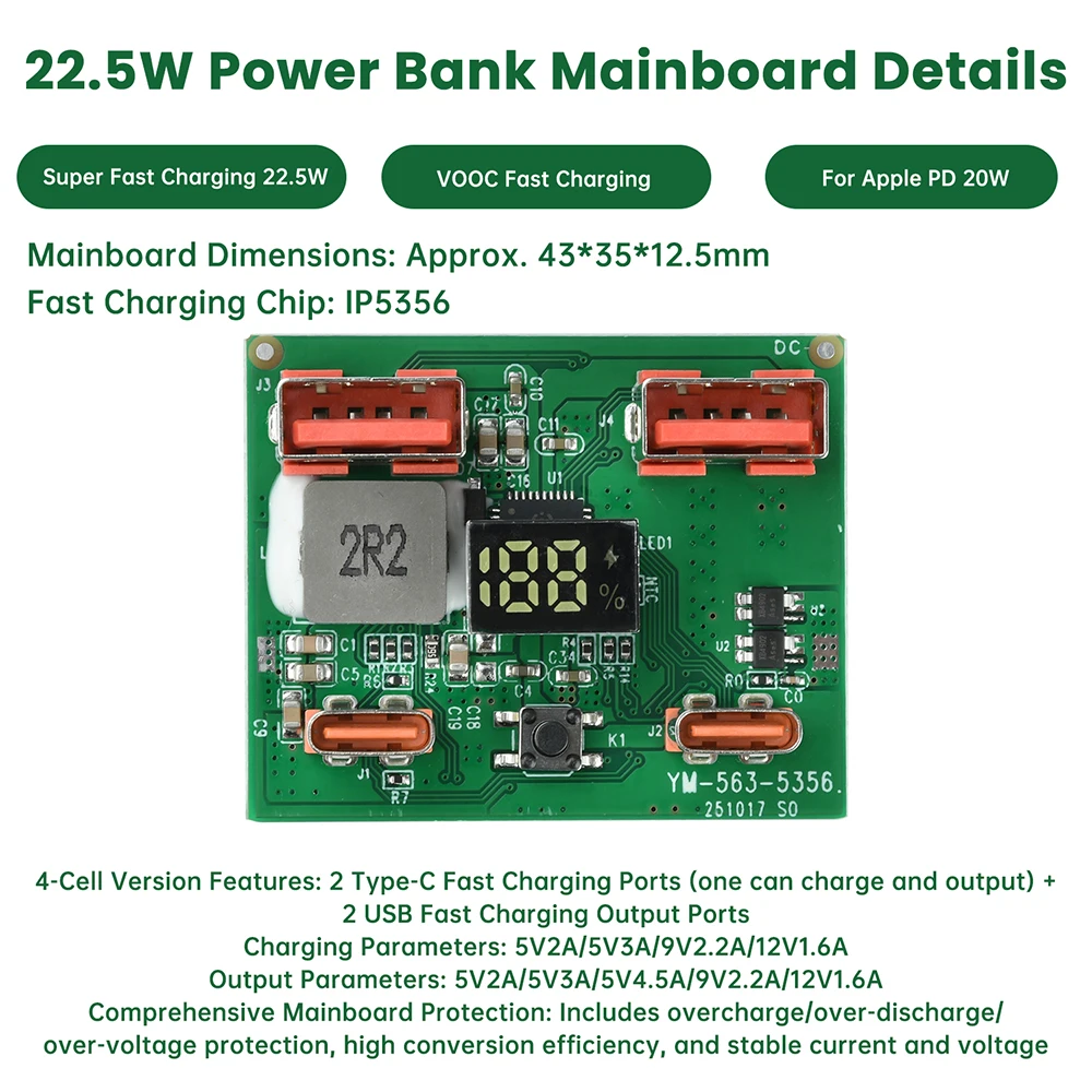 22.5W Fast Charging Module Portable Power Bank DIY Power Bank Module Supports PD, QC, VOOC Etc.