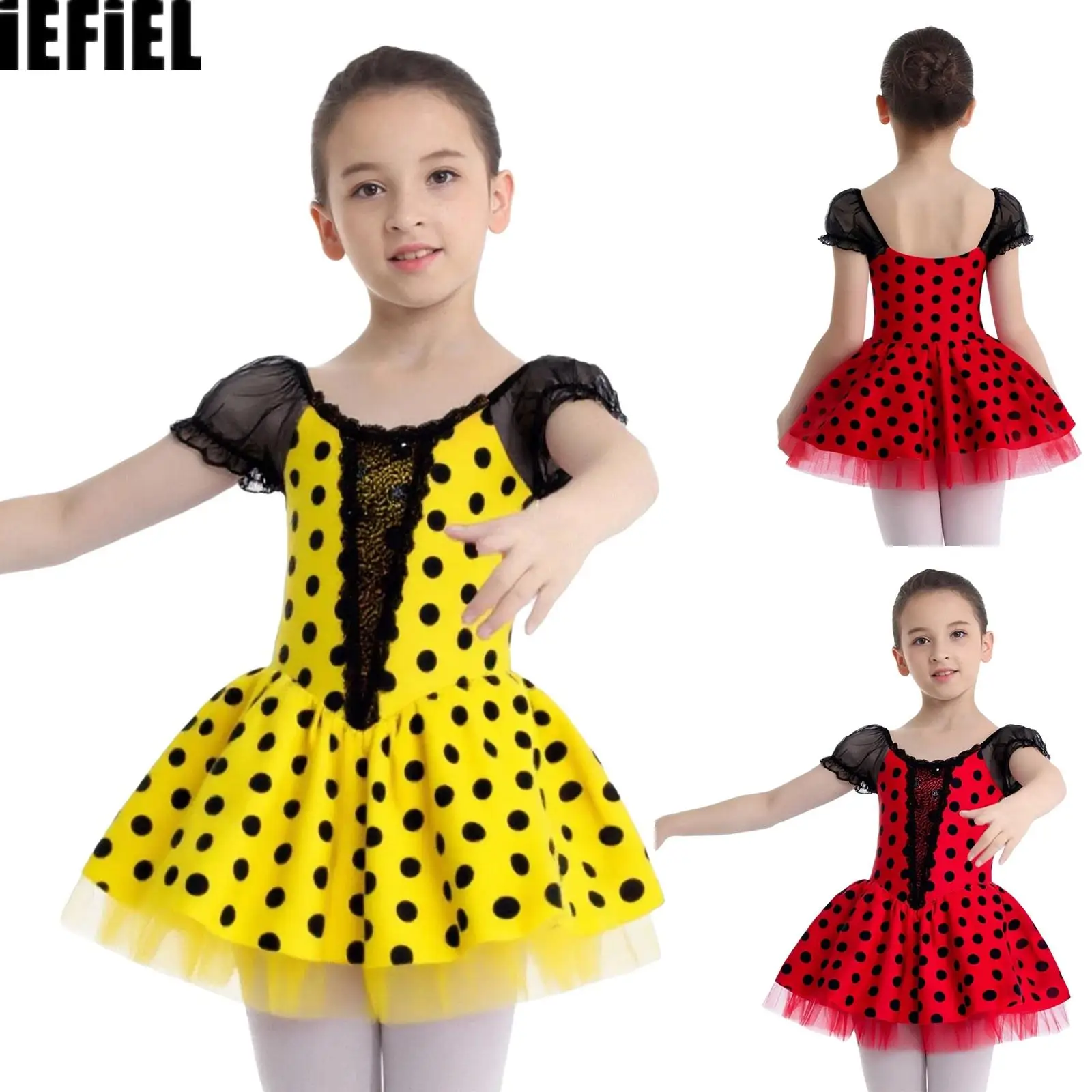 

Kids Girls Dots Tutu Dance Dress Short Puff Sleeves Shiny Sequins Color Block Dress with Built-in Briefs for Ballet Performance