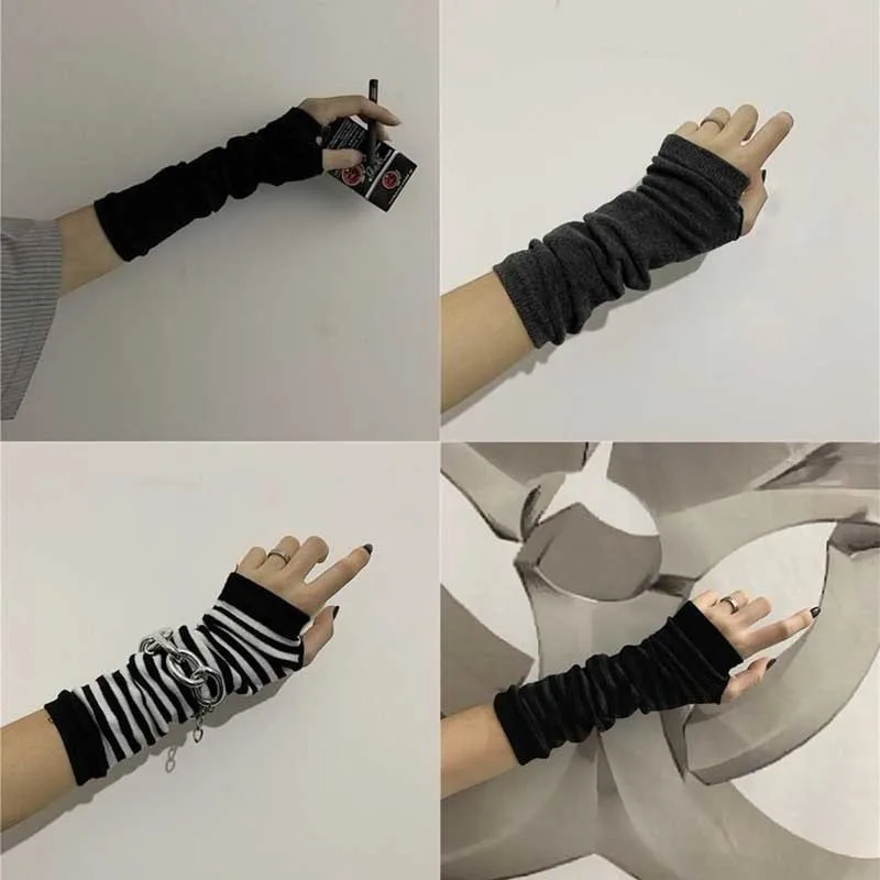 New Hot Sale Fashion Y2K Striped Knit Cuff with Thumb Hole Simple Long Stretch Arm Hood Gothic Fingerless Unisex Long Gloves