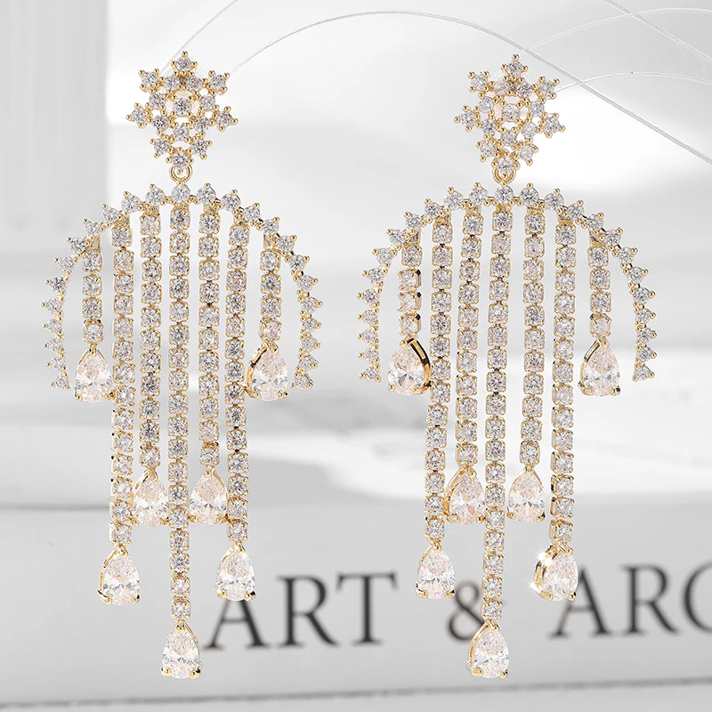 

Luxury Waterdrop CZ Large Dangle Earrings AAA Cubic Zirconia Dubai Party Jewelry High Quality Bridal Earrings Indian Brides