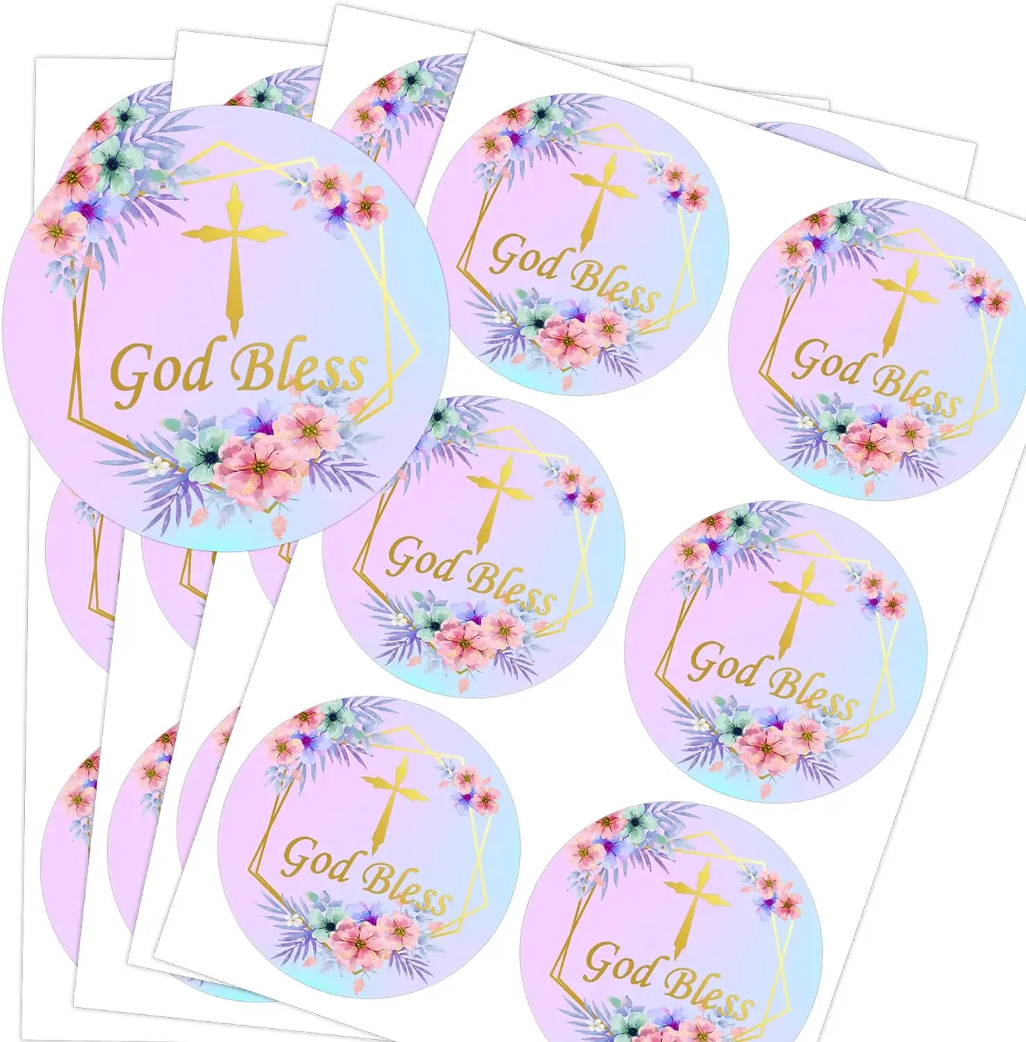 

2 inch Purple Floral Gold Cross Stickers Christian Labels for Religious Baptism,Confirmation, Christening120pcs