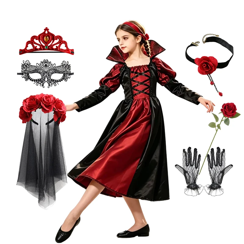 Girl Halloween Gothic Dark Vampire Costume Black Red Long Dress Complete Accessories for Carnival Dress Up Birthday Themed Party