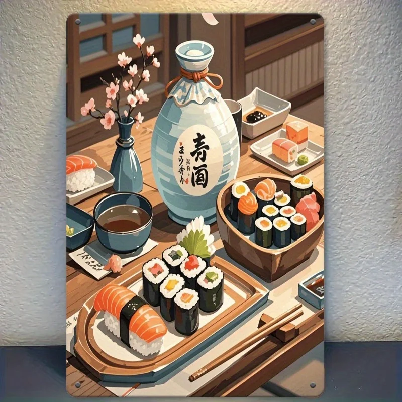  Iron Wall Art - Japanese Sushi Feast Theme with Vibrant and Sake, for Living Room, Study, Bedroom, Office, Restaurant Decor, Pe