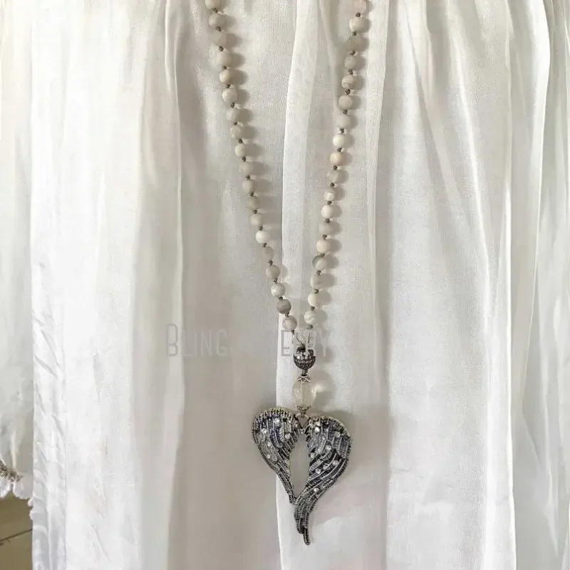 5pcs Angel Wing Pendant Long Layer Necklace Women Natural Stone Agate Bead Grunge Y2k Jewelry One Piece Aesthetic Boho Jewelry