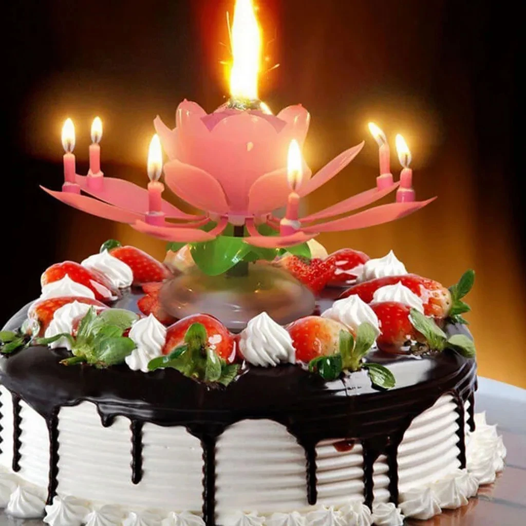 Birthday Cake Music Candle DIY Decor Wedding Party Birthday Cake Rotating Lotus Flower Music Candle Electronic Decorations