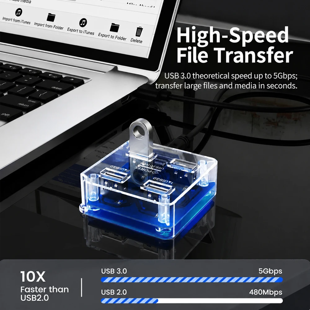 KEBIDUMEI Transparent USB 3.0 HUB 4Port 5Gbps High Speed Data Transmission Splitter USB Powered OTG Adapter Computer Accessories
