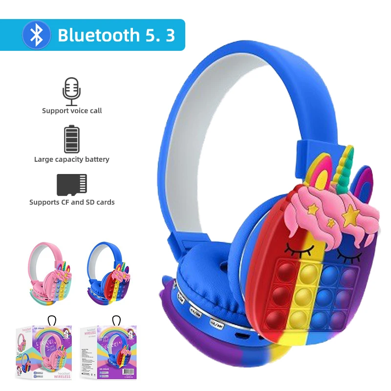 Headset with Microphone Unicorn Kids Girl Stereo Music Wireless Bluetooth Earpiec TF Card for Decompression Children's Headphone