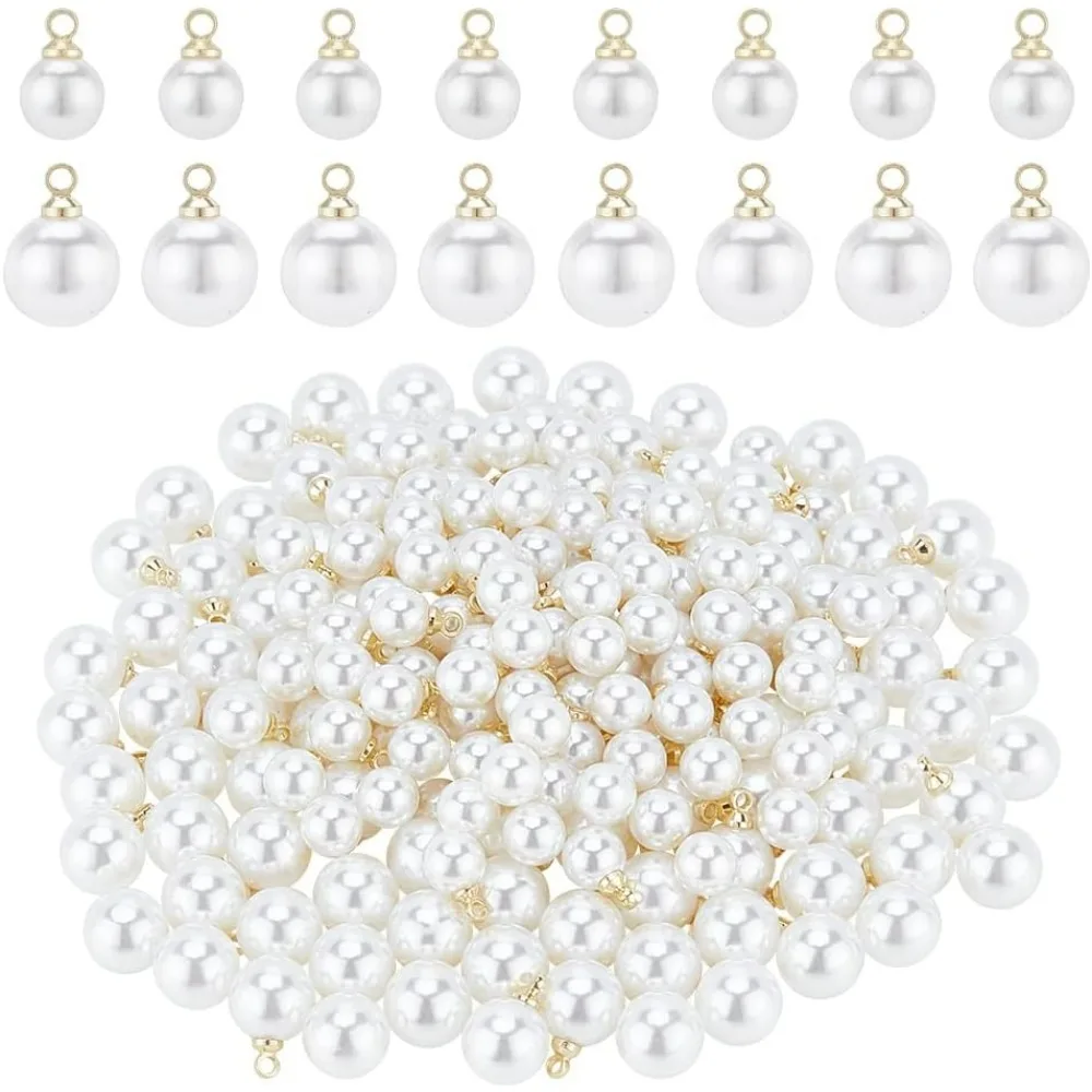 200 Pcs 2 Styles Imitation Pearl Charms 6/8mm Pearl Beads Charms Pendants White Round Pendants ABS Plastic Pearl Charms