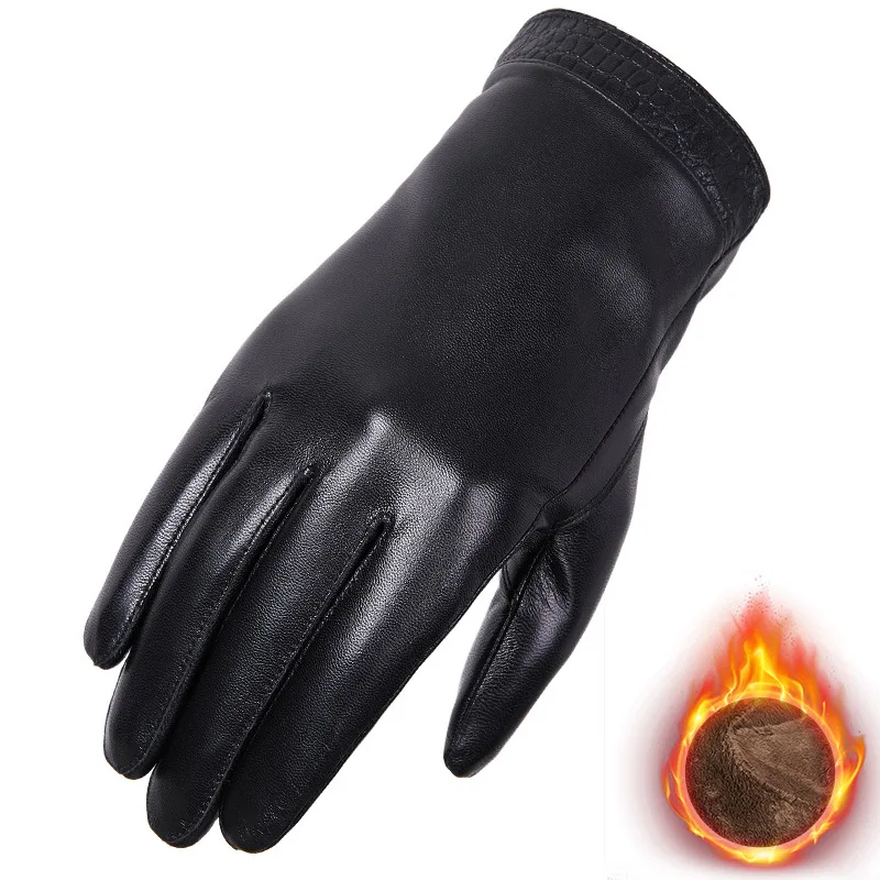 

New Men's Genuine Leather Gloves with Goatskin Crocodiles Edge Decoration Velvet Lined Thickened Winter Warmth Driving