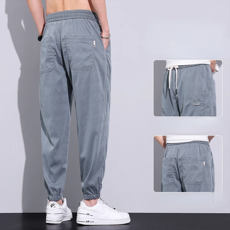 2023 Summer Lyocell Fabric Men's Jeans Thin Ankle Length Casual Pants Korea Elastic Waist Sport Trousers Black Grey M-5XL