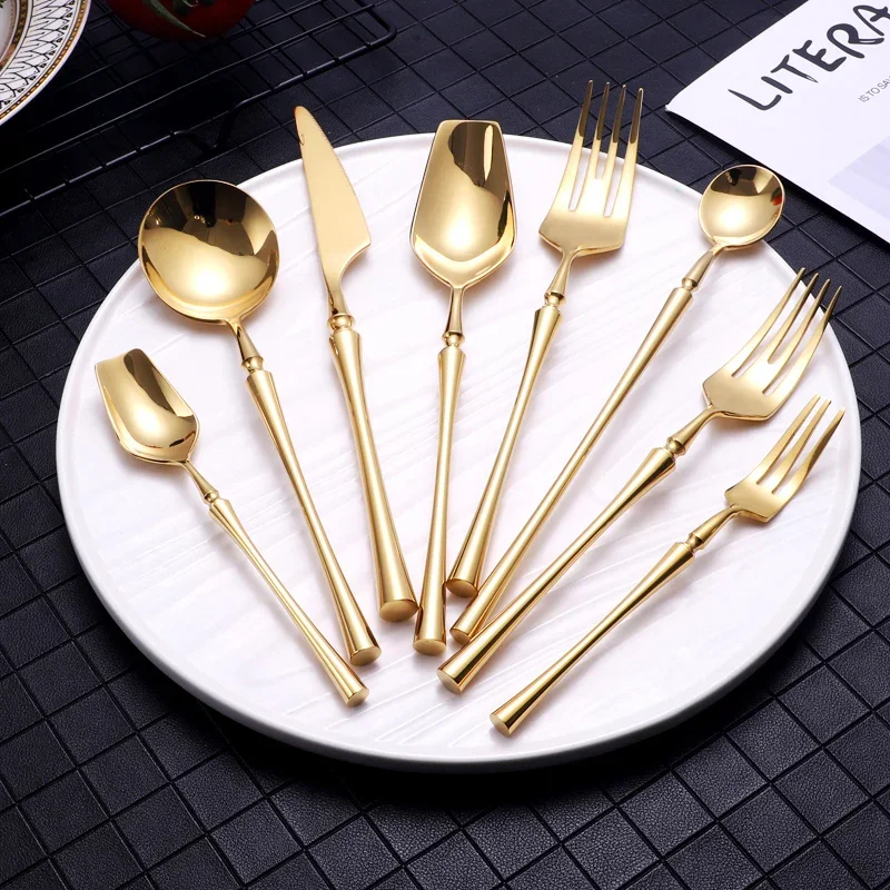 Bright Gold 18/10 Stainless Steel Luxury Cutlery Dinnerware Tableware Knife Spoon Fork Chopsticks Flatware Set Dishwasher Safe