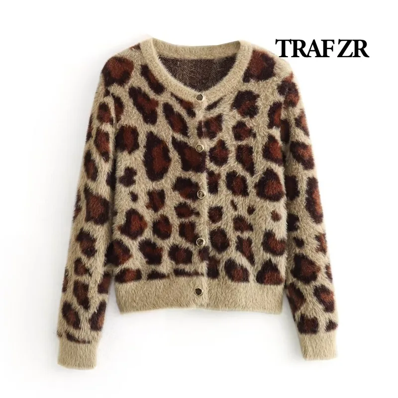 TRAF ZR Cardigan for Women Knit Wear Leopard Knitted Luxury Cardigan Sweater Women Outerwears Vintage Long Sleeve Bomber Jackets