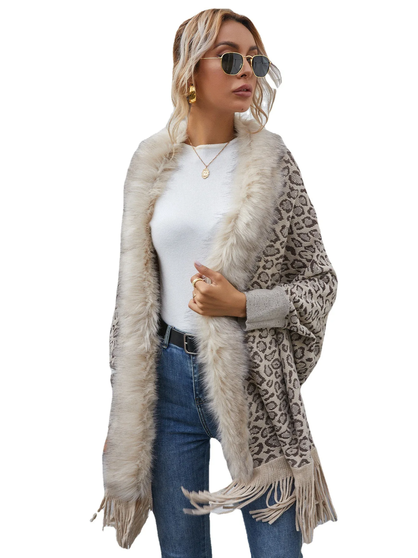 Tassel Faux Fur Loose Cardigan Knit Sweater Women Leopard Jumpers Autumn Winter Maxi Coat Soft Coat Long Knitted Jacket