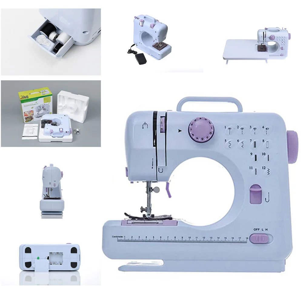Portable Electric Mini Sewing Machine for Beginners 12 Stitches Foot Pedal Night Light Speed Control for DIY Home Sewing Mending