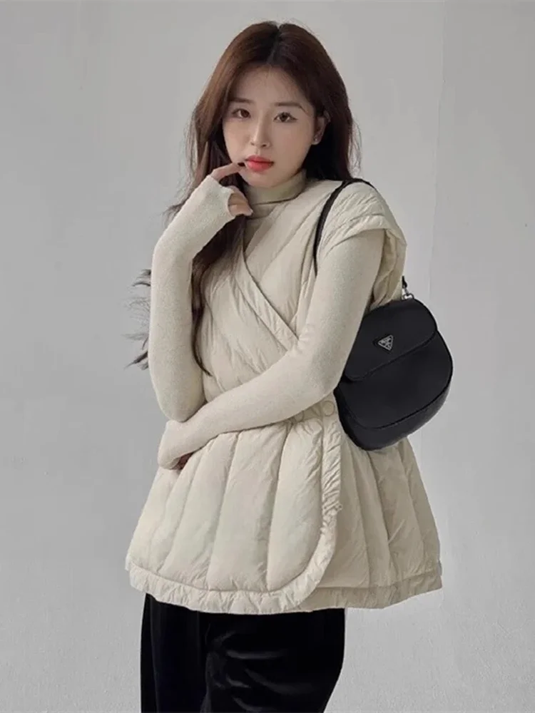 Women\'s Winter Coats 2024 Loose Down Vests Women 90% White Duck Down Sleeveless Female V-neck Cross Drawstring Down Jacket Vest