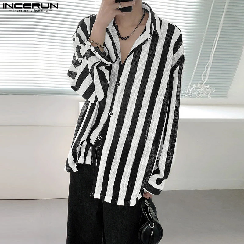 

INCERUN Men Striped Shirt Lapel Long Sleeve Hollow Out See Through Men Clothing Streetwear Loose Sexy Fashion Casual Male Shirts