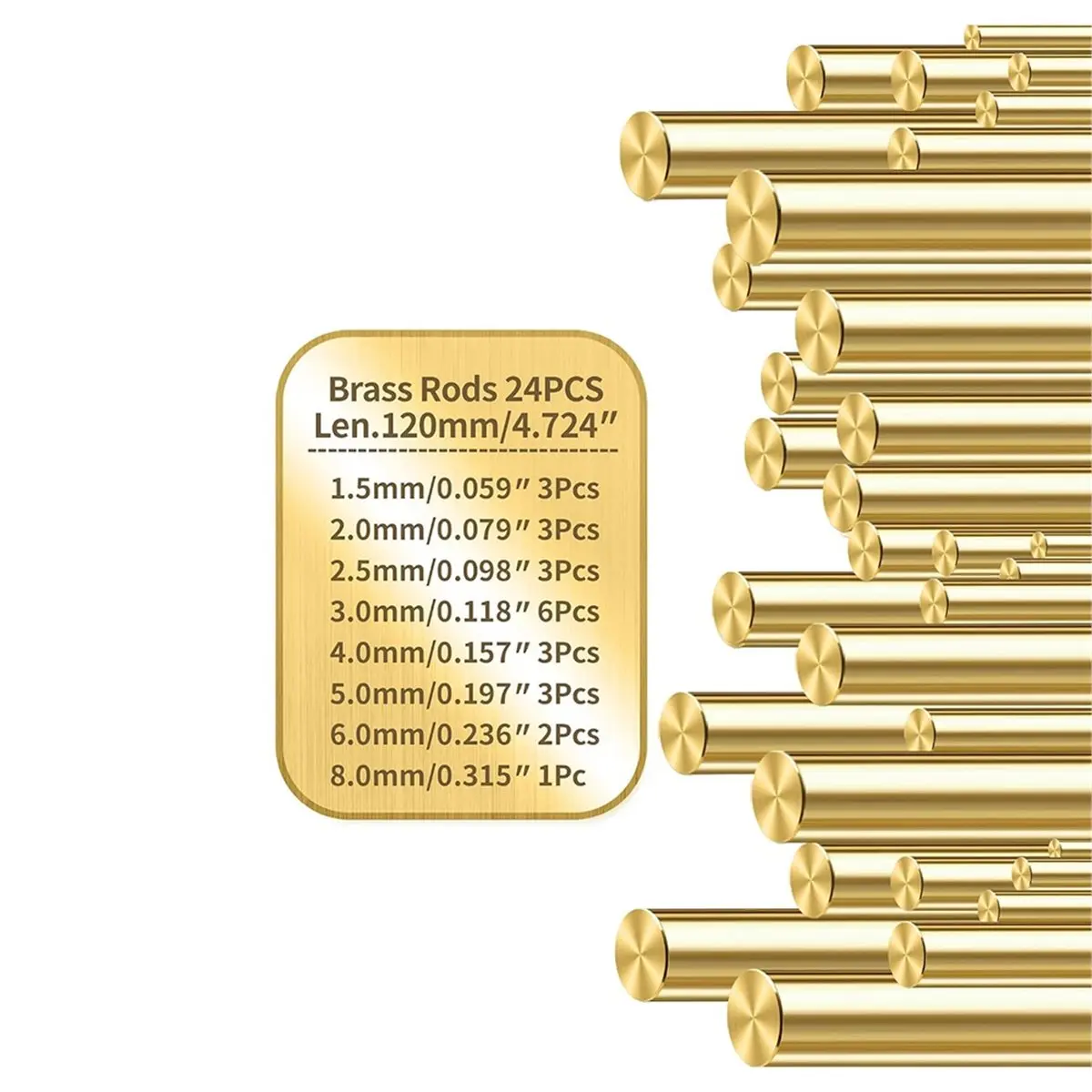 24Pcs Brass Round Rods Pins for Crafts,Modeling Hobby,DIY Handle,8 Sizes 1.5-8mm Dia,120mm,Solid Brass Bar Stock