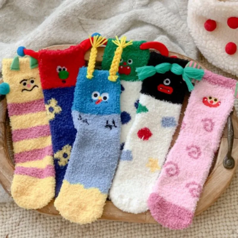 6 Pairs Set Coral Fleece Socks Embroidery Funny Clown Socks Winter Warm Mid Tub Half Flannel Floor Sleeping Socks For Women Cute