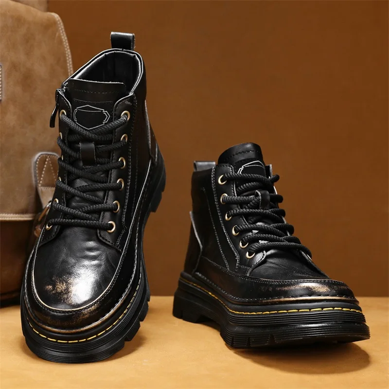 

Men Fashionable Motorcycle Boots Thick Soled Height Increasing Outdoor Sports Leisure Boots Retro Black Hiking Boots