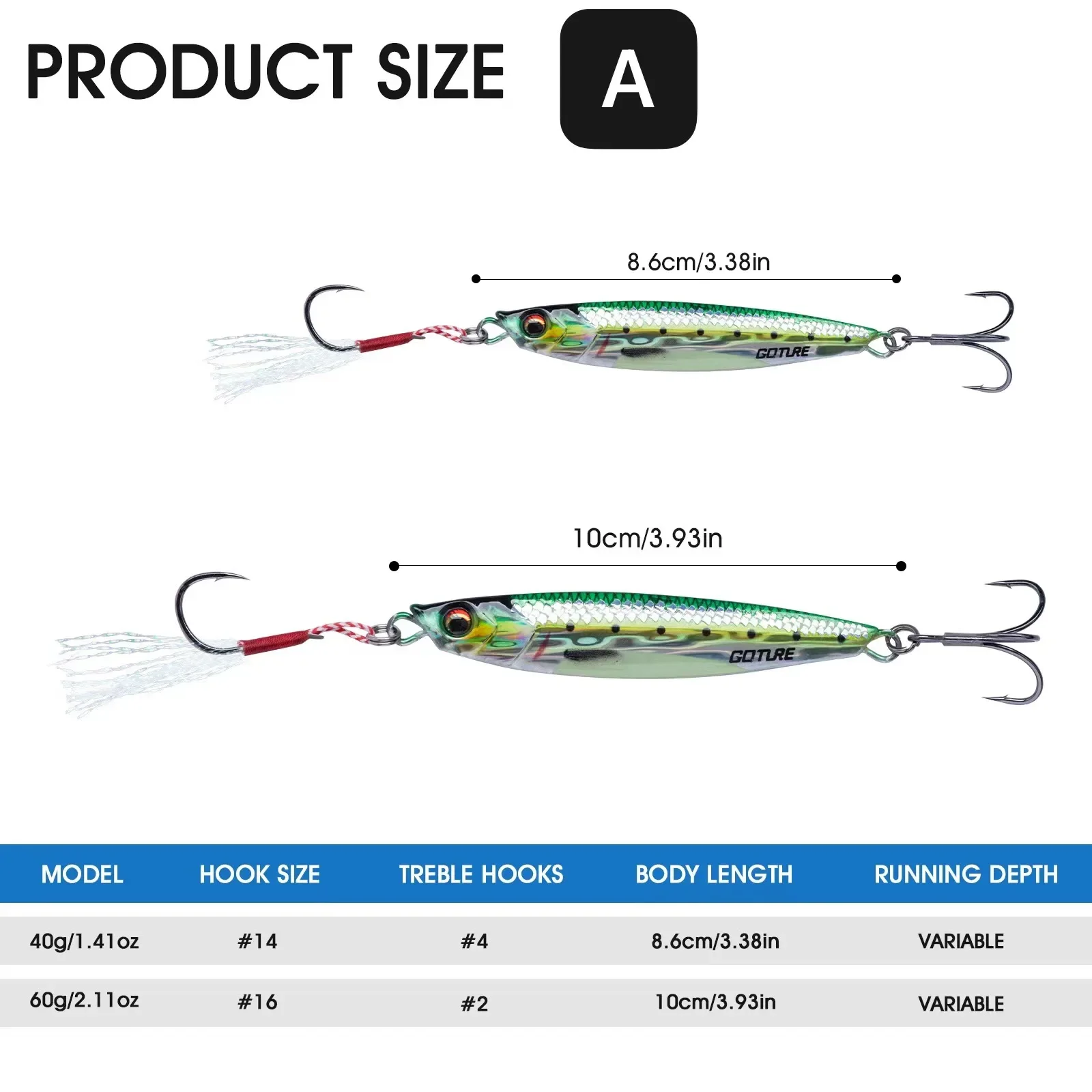 Goture Metal Jig Fishing Lure 40g 60g 80g Trolling Hard Bait Cast Hook Swimbait Wobbler Pike Spoon Carp Spinner Sea Tackle Bait