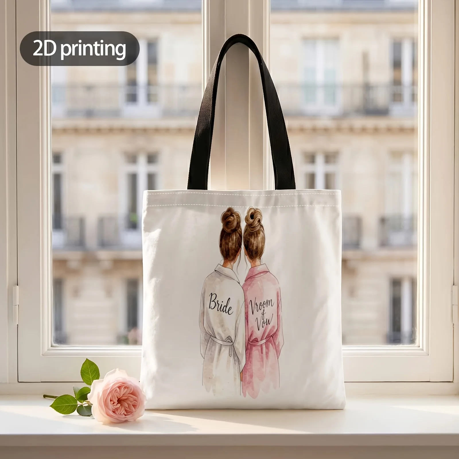1pc 2D Printed Handbag with Bride and Her Bridesmaid Pattern, Reusable Fashion Shoulder Bag Handbag Shopping Tote Bag Suitable f
