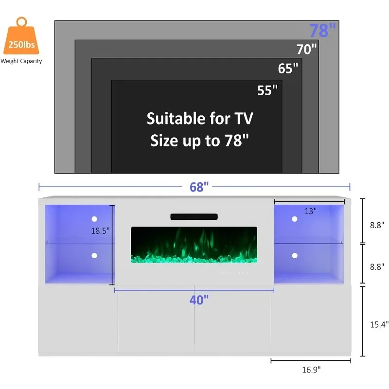 Suporte de TV com lareira moderna de 68" para TVs de até 75", centro de entretenimento de alto brilho com lareira de 40" com 4 prateleiras e armários de armazenamento