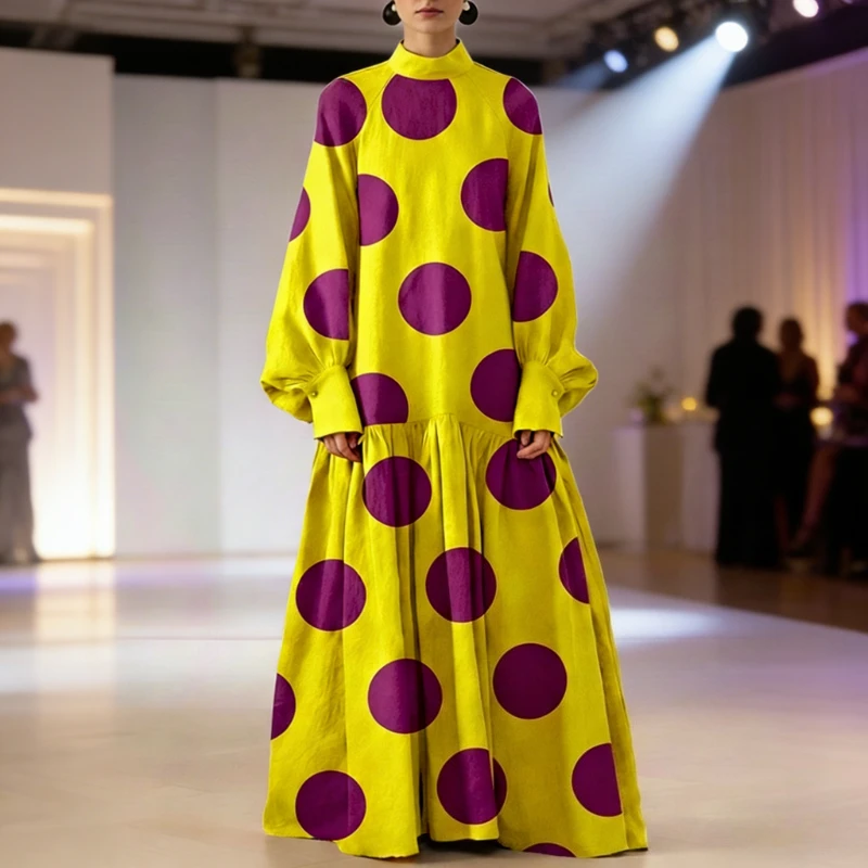 Modigirl Women's Vintage Purple Polka Dot Maxi Dress 2026 Spring Lantern Sleeves Artistic Vacation Party Skirt Dresses for Woman