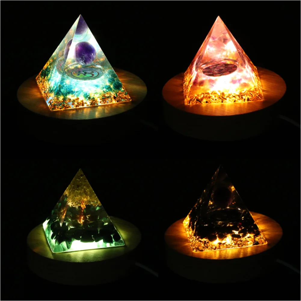 1-5PCS LED Wooden Luminous Base USB Holder Display Stand Crystal Energy Pyramid Ornament Night Lighting Display Stand Decoration