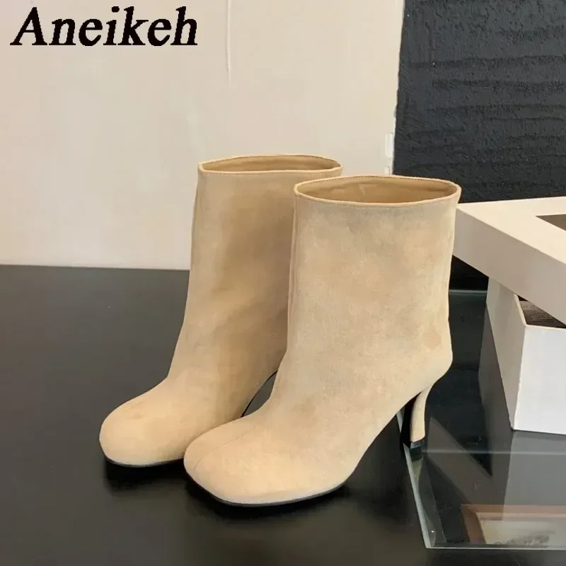 Aneikeh NEUE Herbst Nähen Flock Ankle Karree Stiefel Frauen Freizeit Dünne Heels Stiefel Concise Schwarz Botines Mujer