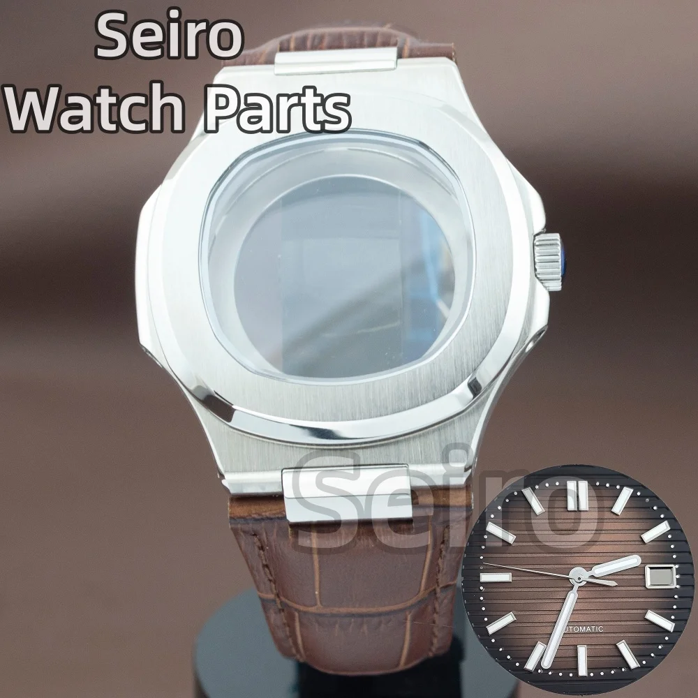 

41mm Sapphire Glass Silver Watch Steel Case + Strap Dial Set For Nautilus Nh35/NH36/4R Mechanical Movement Watch Accessories