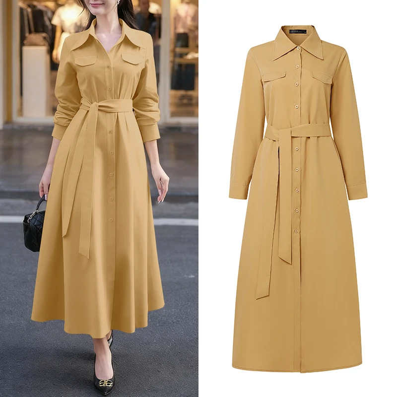 ZANZEA Elegante Maxi-Hemdkleider für Damen, Umlegekragen, lange Ärmel, Knopfleiste, lange Kleider mit Bindegürtel, minimalistische Damenkleidung