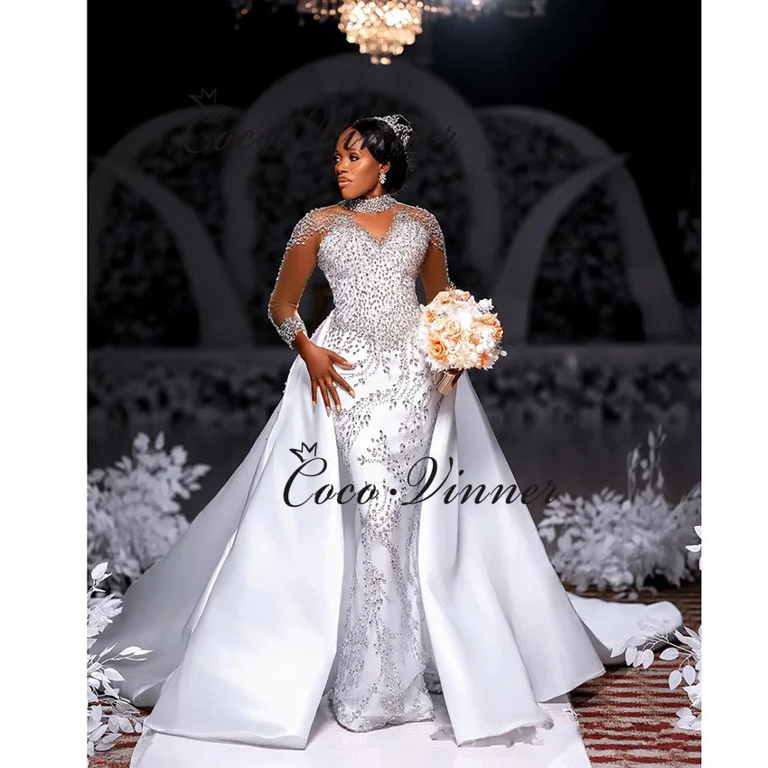 Robe de mariée sirène en Satin de haute qualité, personnalisée, Style 2 en 1, perles lourdes, avec traîne détachable, W1407
