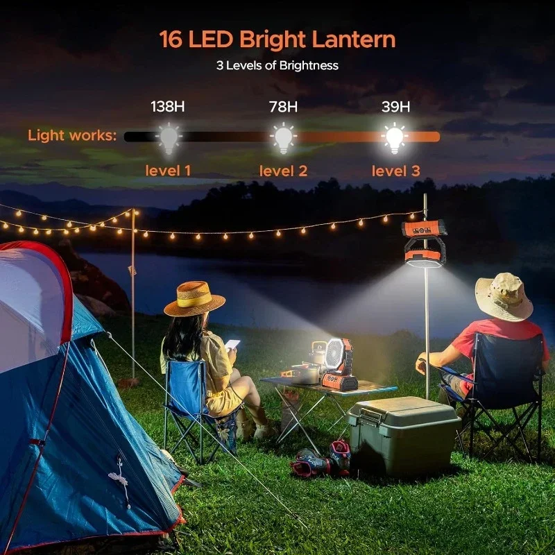 Rechargeable Camping Fan with LED Lantern, 20000mAh Auto-Oscillating Battery Operated Fan with Remote/Hook/Timer