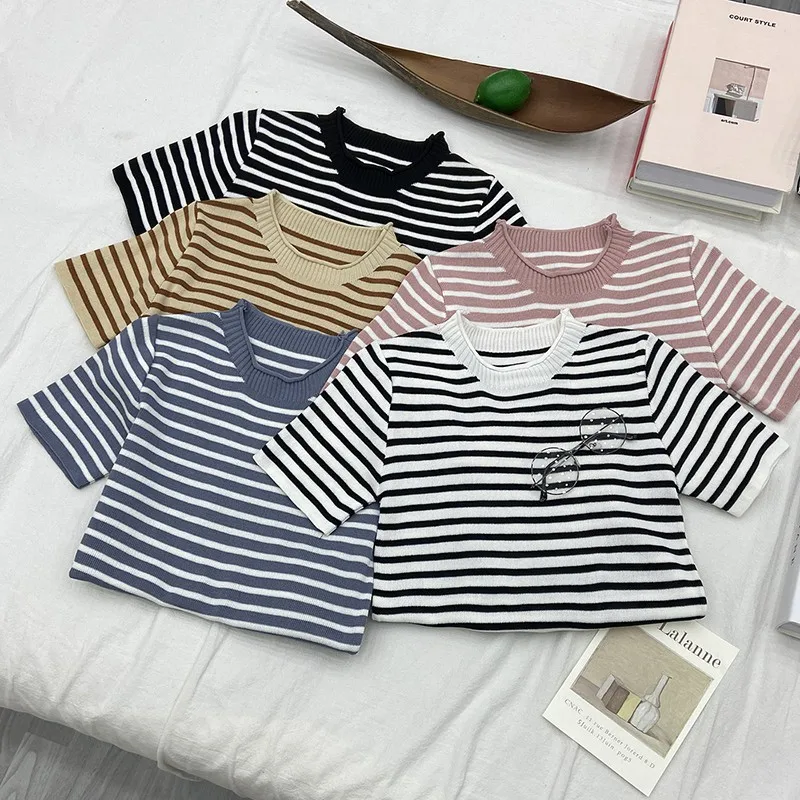 Summer Knit Striped T-shirt O-neck Short Sleeve Top Women\'s Casual  Office Knitwear Tee Female Fashion All-matched Shirt Tops