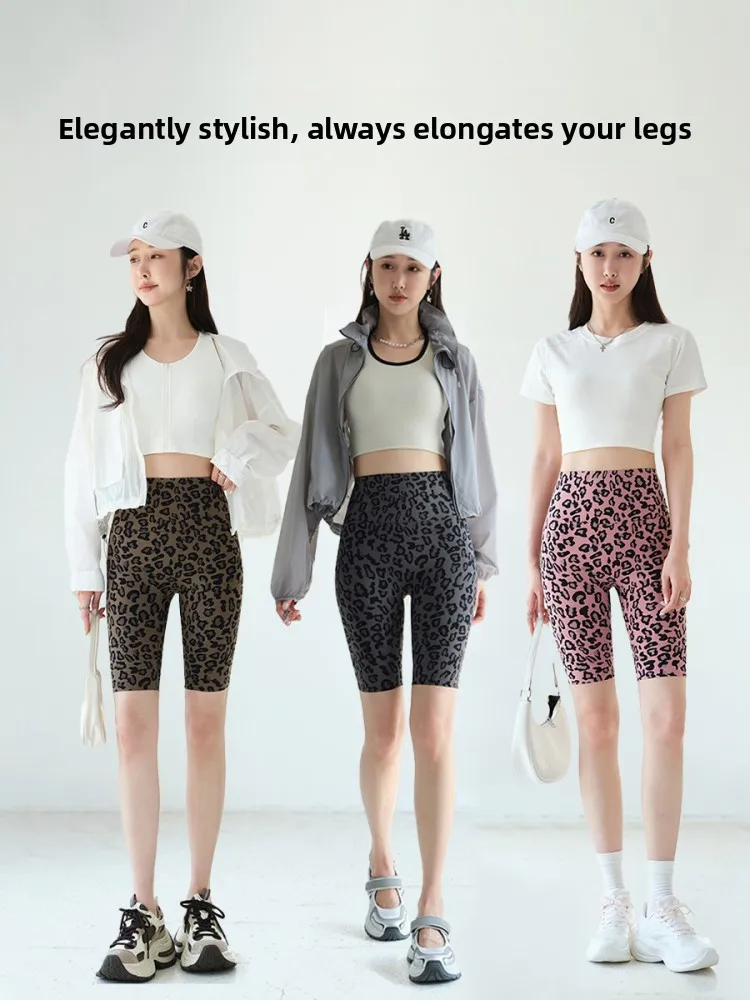 Muse leopardo impressão ciclismo apertado feminino verão fino de cintura alta cinco quartos comprimento yoga fitn esportes bot