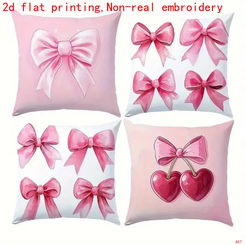 4Pcs Pink Bow Pillow Covers 40x40cm Double-sided Printed Cherry Cushion Cases Cute Girly Home Decor No Insert