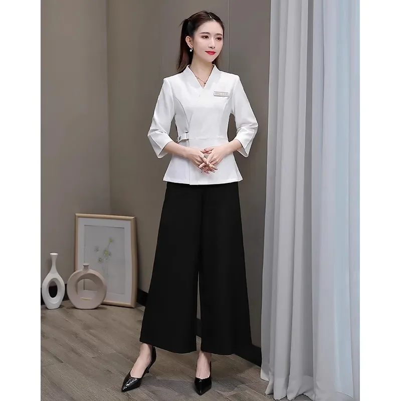 Uniforme estético verão manga curta salão de beleza terno feminino spa esteticista roupas hotel massagem workwear macacão coreano-bc