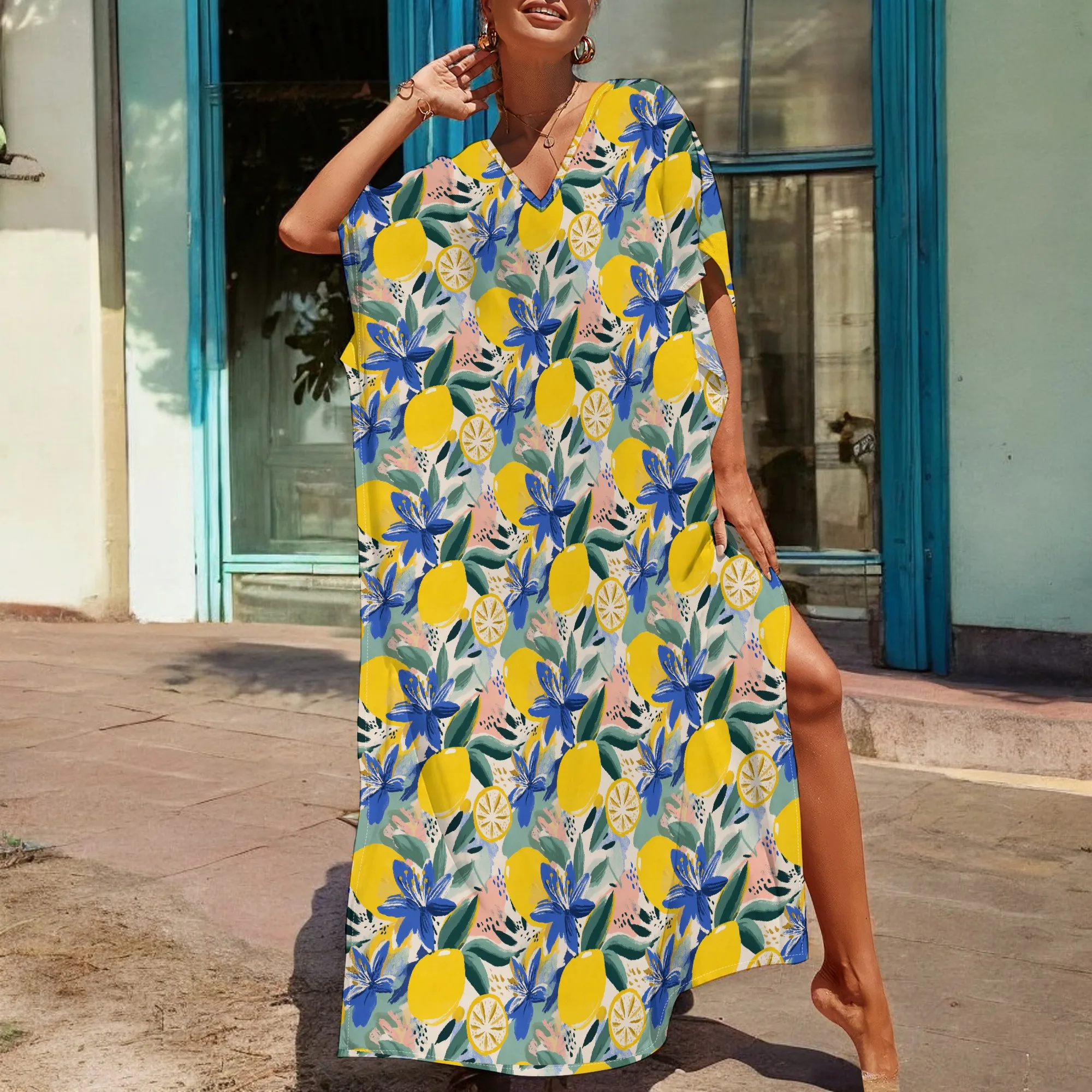 

Tropical Lemon Print Kaftan Dress Citrus Floral Summer Style S-3XL Casual Vacation Beachwear for Women