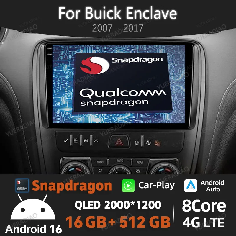 Android 16 Car Radio For Buick Enclave 2007 - 2017 BT 4G LTE 5G WIFI Multimedia Stereo Video Player GPS NAVI 2DIN QLED Qualcomm