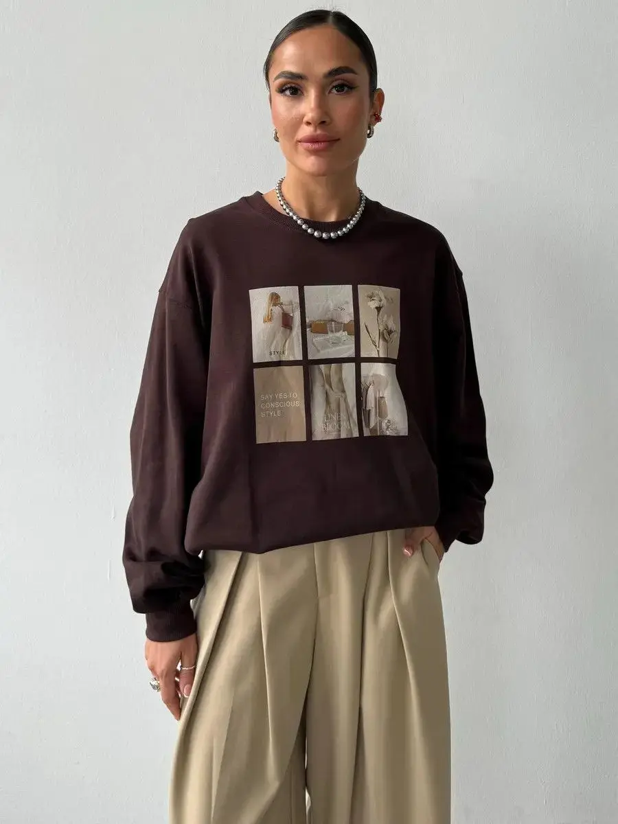 Sweat-shirt rétro café abricot Y2K pour femmes, Style français, col rond, ample, manches longues, pull, tendance, Streetwear, loisirs, automne