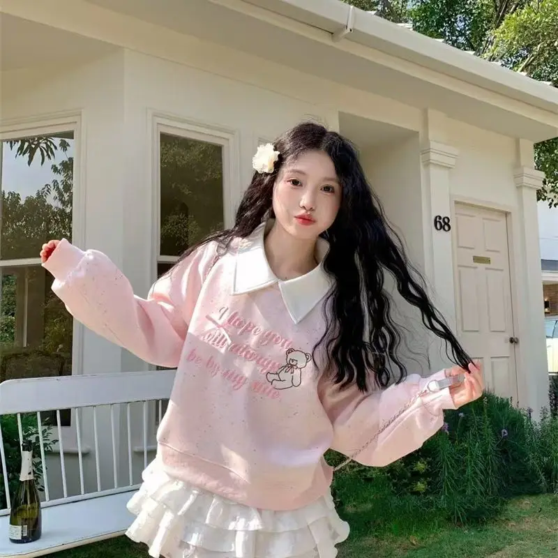 Felpe con colletto polo con orso carino stile preppy Lolita Girls Felpa con cappuccio Kawaii allentata Pullover Coreano Grunge Top Autunno Trendy Casual