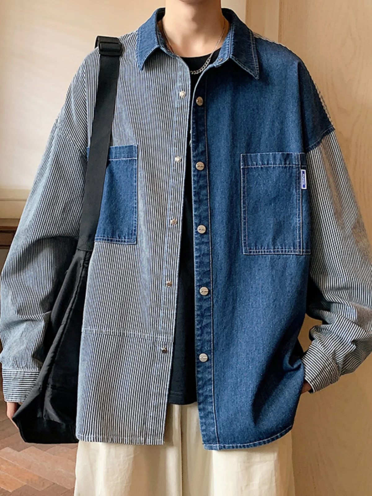 

Premium Stripe Patchwork Denim irt Jaet Men's Design Unique Workwear Long Sve irt Haome Men's Faion Autumn Wear