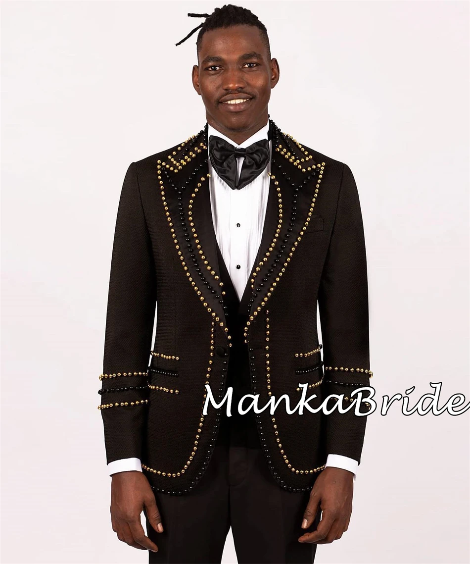 Smoking do noivo com ouro e cristal preto, blazer trespassado, jaqueta masculina, festa de casamento formal, 2 aberturas, luxo, apenas 1pc