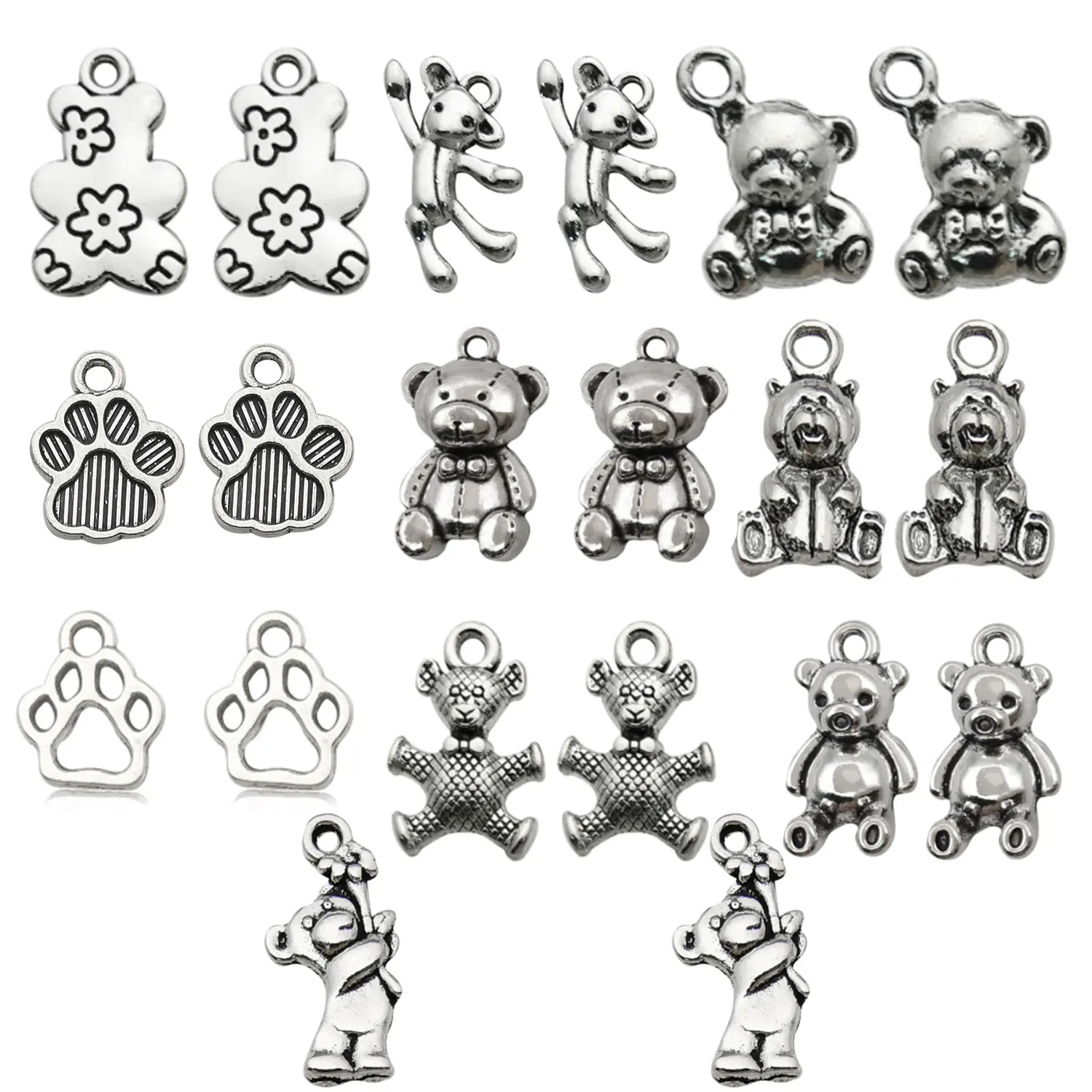 Mix 20Pcs Multiple Styles Antique Silvery Bear Paw Charms Lovely Bears Pendants For DIY Jewelry Making Accessories