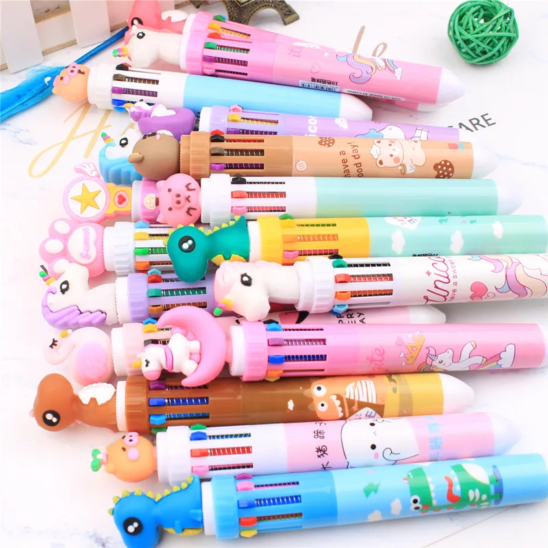 10Pcs/Lot Cute Cartoon Animal 10 Colors Ballpoint Pens Kawaii Multicolor Press Pens School Office Supplies Student Stationery